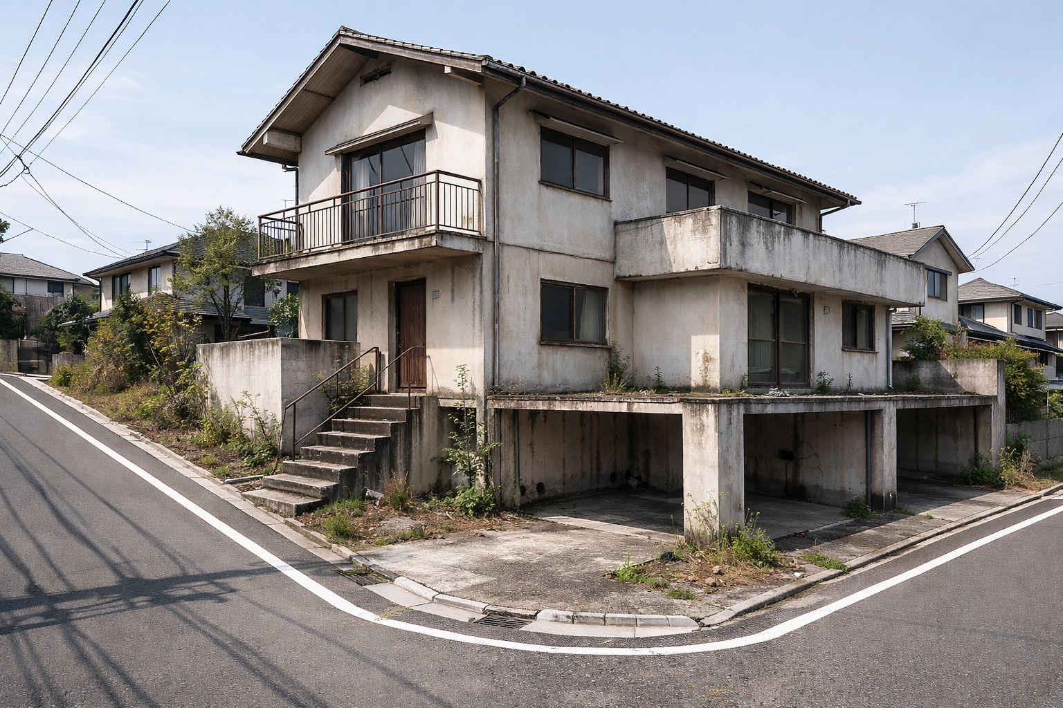 リフォーム前の外観イメージ。経年による外壁の汚れや古さが目立つ、角地の住宅外観。